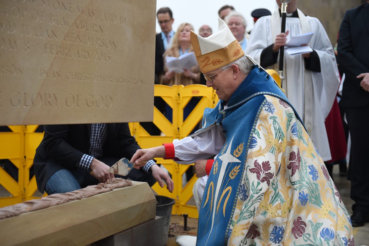 The Bishop of Blackburn, Rt Rev. Julian Henderson laying the foundation stone at Blackburn Cathedral